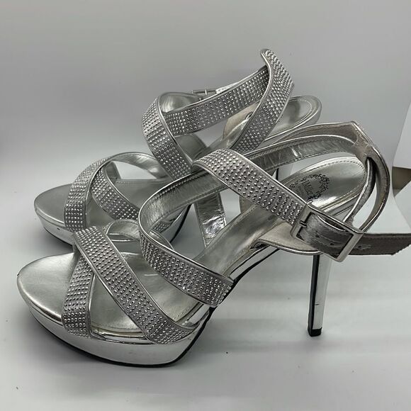 L Miller Beautiful Shoes  Silver Rhinestones Wrap Ankle 9M Sexy Dressy - Picture 3 of 11